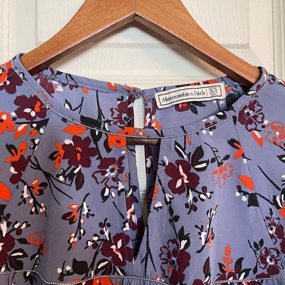 Abercrombie & Fitch Womens Blue Floral Open Sleeve Keyhole Bohemian Blouse XS - Picture 2 of 10